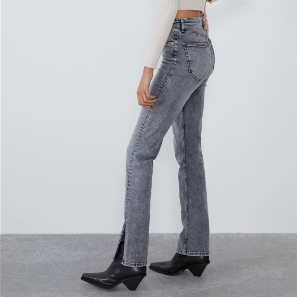 Zara slim flare high rise full length split jeans black grey wash